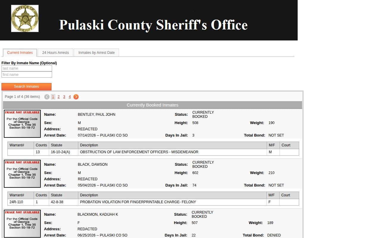 Pulaski County jail report interface with booking fields and image controls