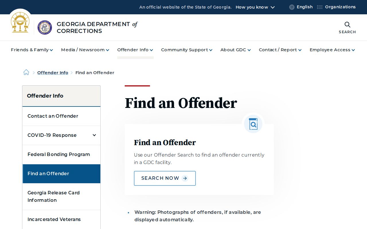 Georgia Department of Corrections Find an Offender page and photograph warning