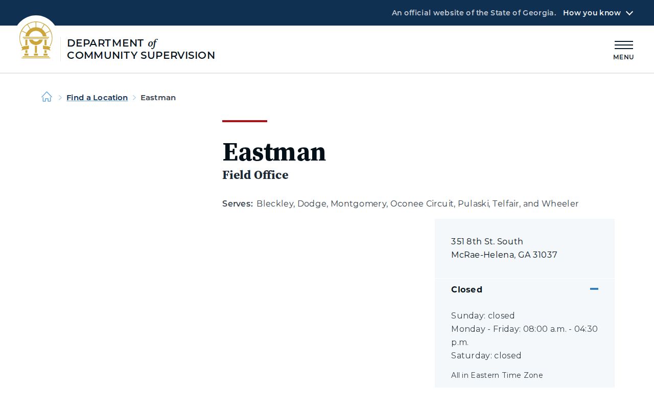 Pulaski County probation and parole DCS Eastman field office page