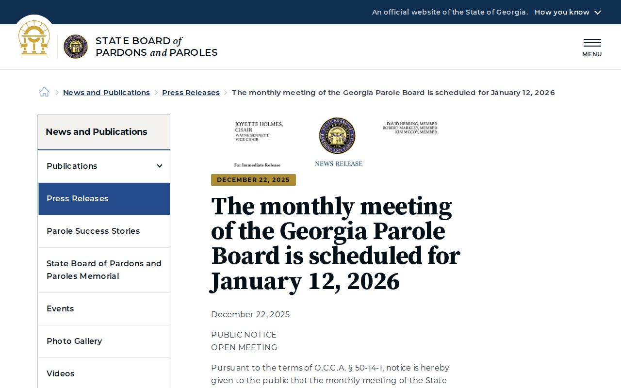 Pulaski County parole research public Board meeting notice
