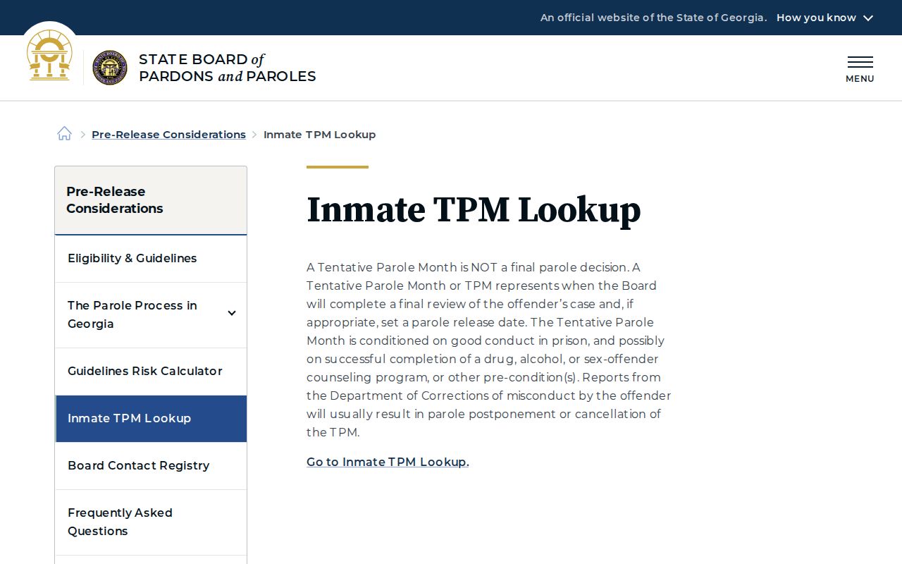 Pulaski County projected release Tentative Parole Month explanation
