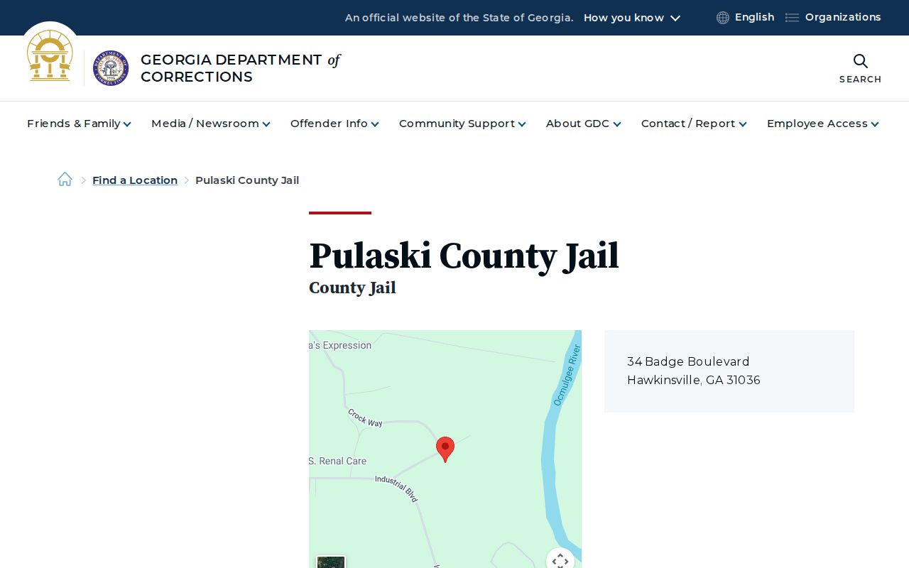 GDC location listing for Pulaski County Jail in Hawkinsville